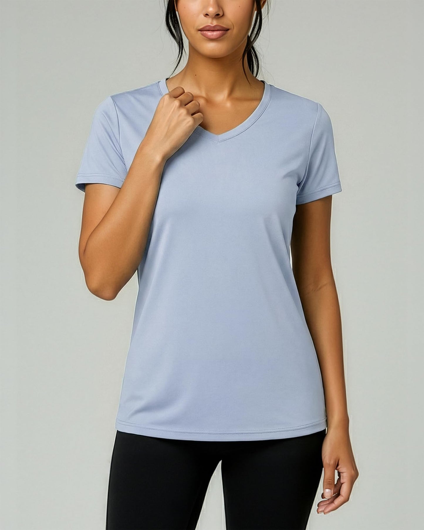 Real Essentials 5 Pack: Women's Dry-Fit Short Sleeve V Neck T Shirt Workout Fitness Yoga Top Tee, Set 16, L