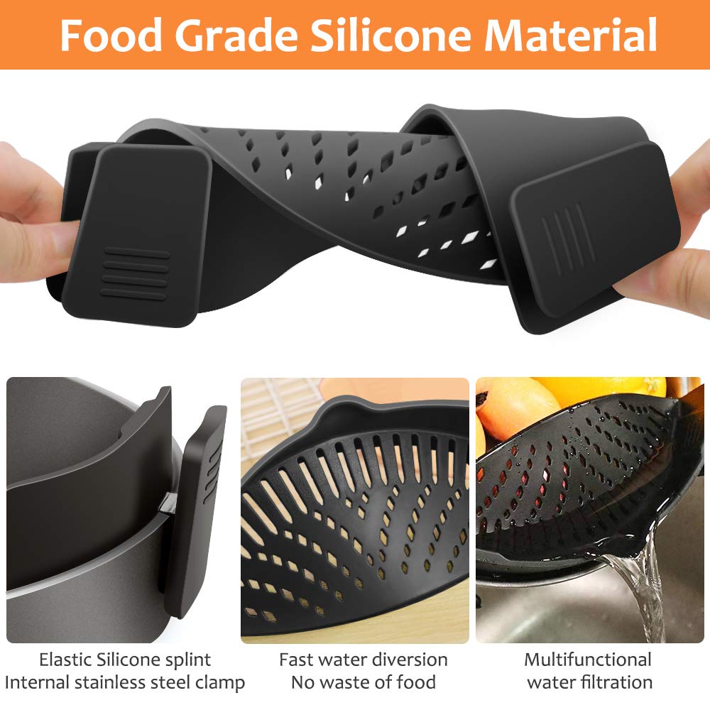 YEVIOR Clip on Strainer for All Pots Pan,Silicone Pasta Strainer Kitchen Gadgets,Collapsible Colander for Noodle,Vegetables,Fruit,Spaghetti (Grey)
