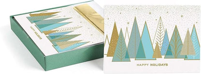 Masterpiece Contemporary Trees Gold Foil Holiday Cards / 15 Boxed Modern Christmas Cards With Shiny Foil Lined Envelopes / 5 5/8" x 7 7/8" Folded Winter Greeting Cards With Inside Verse