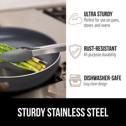 GORILLA GRIP Stainless Steel Heat Resistant Kitchen Tongs for Cooking, 9 + 12 Inch, Set of 2 BBQ Tong, Non Scratch Silicone Tip for Pan, Strong Grip, Grab Food, Toss Salad, Air Fryer, Pull Lock, Black