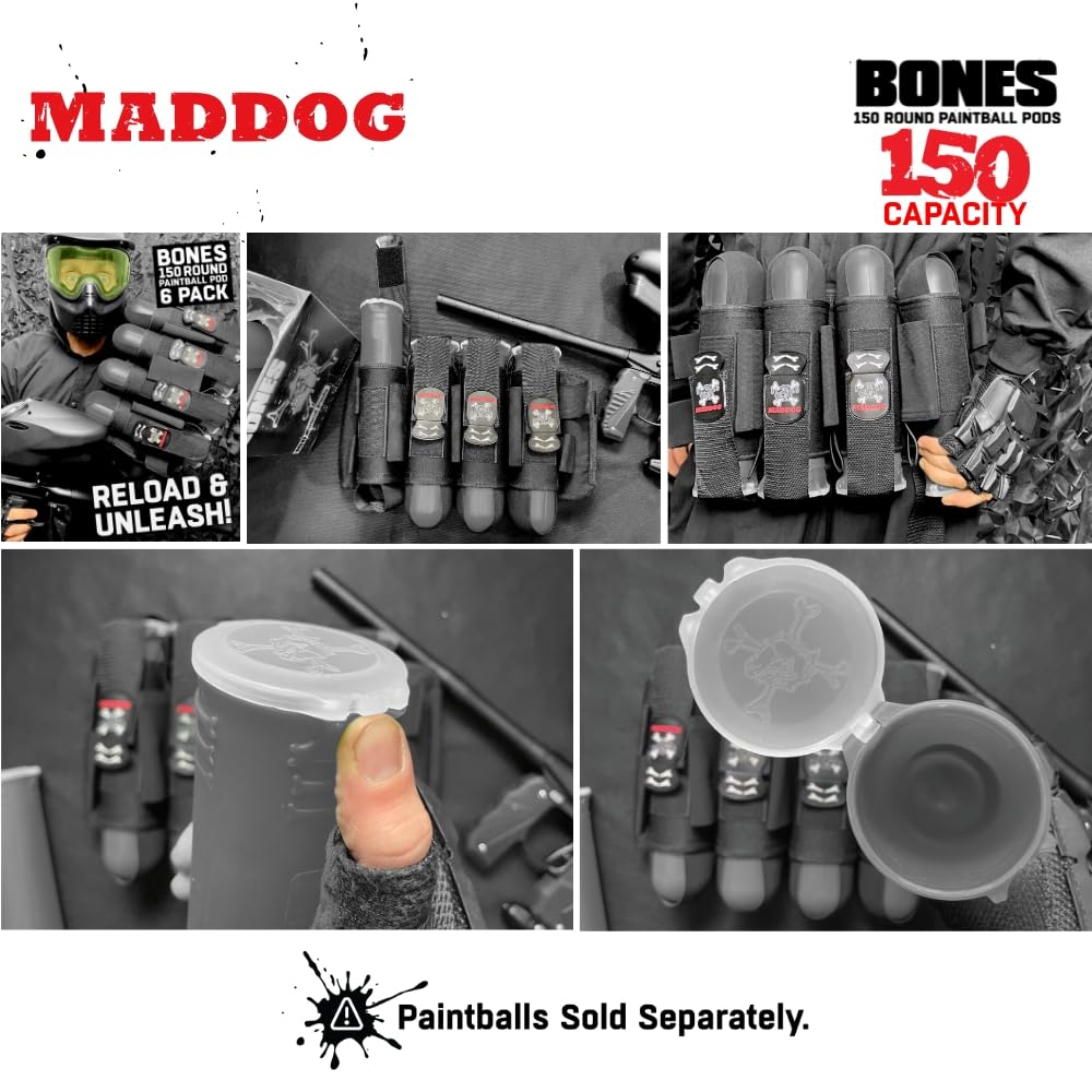Maddog 150 Round Bones Paintball Pods | Durable Quick Reload Tubes for Tournament and Recreational Speedball Woodsball | 6 Pack - Smoke