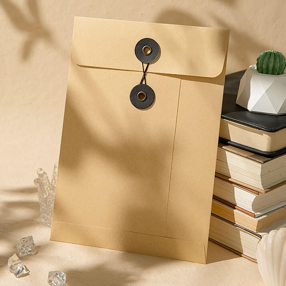 10 Pcs Kraft Paper String Envelope File Folder A5 Size Vertical Document Bill Cards Storage Organizer File Bag with Button String Tie Closure Bag File Folder Project Pockets for School Office