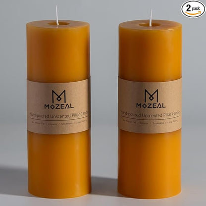 MOZEAL 3" x 8" Hand-Poured Unscented Large Candle, Smokeless Rustic Pillar Candle Set of 2, Slow Burn, No Drip, Approx 150 Hours Burning, Wedding,Harvest and Home Decorative, Tall Spicy Mustard Candle