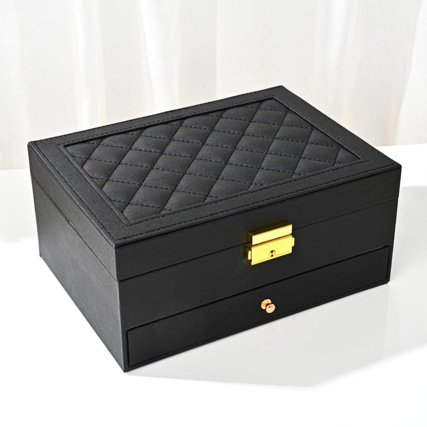 GUOER Jewelry Box for Women Girl Wife - Large PU Leather Jewelry Organizer Storage Case with Two Layers Display for Earrings Bracelets Rings Watches Mothers Day Gifts (Black)