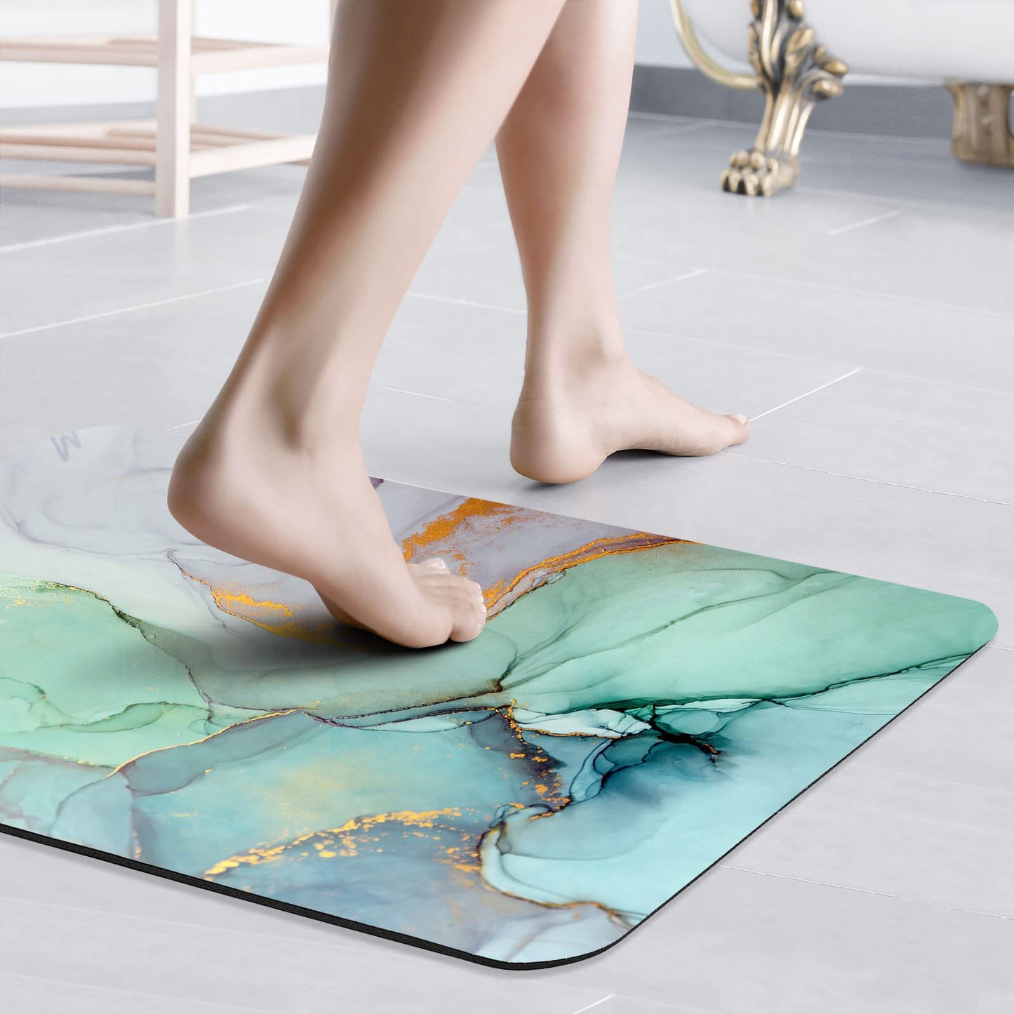 Gibelle Bath Mat Rug Super Absorbent Quick Dry Thin Bathroom Rugs Fit Under Door Non Slip Rubber Backed Bathroom Floor Mat for in Front of Bathtub Sink Shower (17"x24", Green Marble)