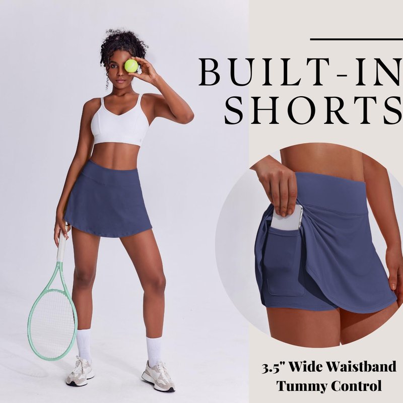 PINSPARK Skort Tennis Skirts for Women Pleated Athletic Skirt with Shorts Lightweight Golf Running Workout Pickleball Appeal,Navy Blue XX-Large