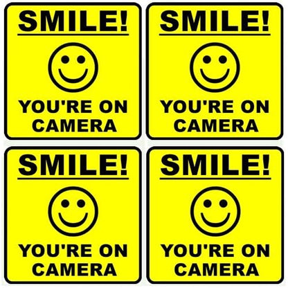 Outdoor/Indoor (4 Pack) 4" Wide X 4" high Home Business Smile You're ON Camera Yellow Window Door Warning Security Alert Sticker Decals **Back Self Adhesive Vinyl**