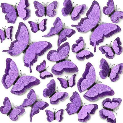 LiveGallery 36pcs Removable 3D Double Side Wings Butterfly Wall Stickers DIY Glittering Twinkle Butterflies Wall Decals Butterfly Wall Art Decor Decoration for Home Kids Bedroom Nursery (Purple)