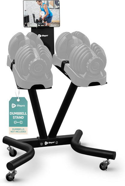 Lifepro Adjustable Dumbbell Stand Rack - Compatible with PowerFlow Plus, PowerUp Plus, and for More Brands- Phone Holder, featured Castors - Home Gym Storage and Convenient Strength Training