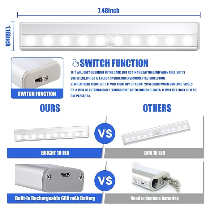 Led Motion Sensor Closet Lights 6 Pack, Wireless Under Cabinet Lighting Rechargeable Under Counter Lights, Homelife Motion Sensor LED Lights, Night Light Bar for Kitchen Wardrobe
