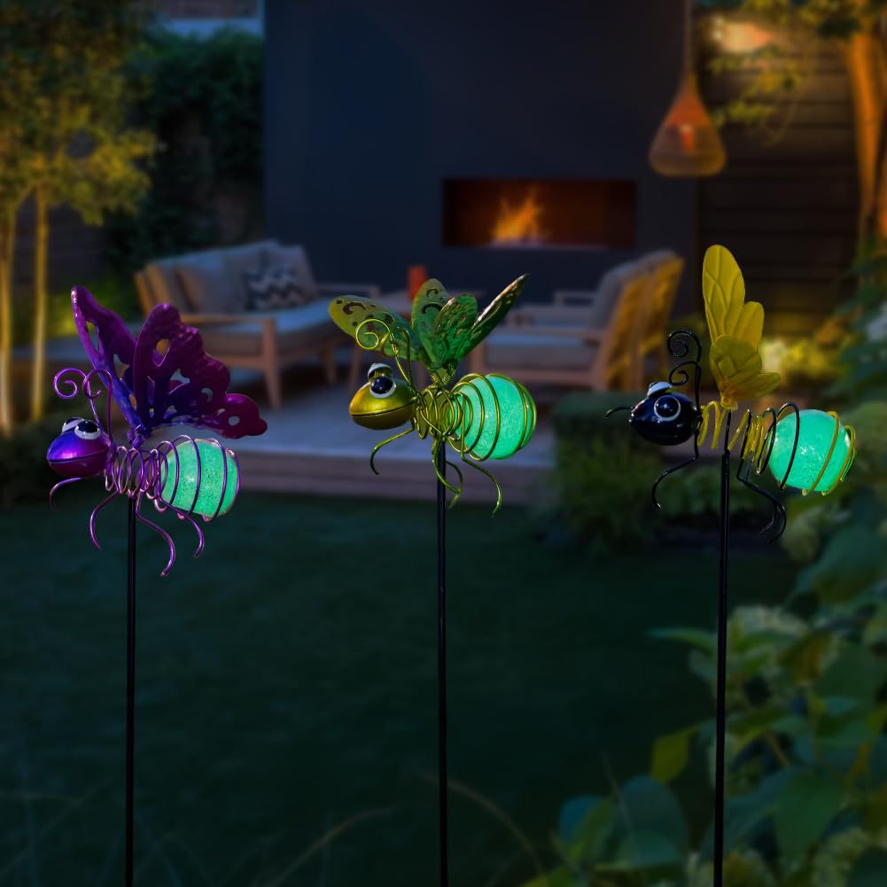 SATHGA Garden Decor for Outside,3 Pcs Luminous Insect Garden Decorative Stakes,Glow in The Dark Bee Lights Metal Yard Art,Waterproof Outdoor Spring Lawn Patio Pathway Decoration for Mom,Women,Grandma