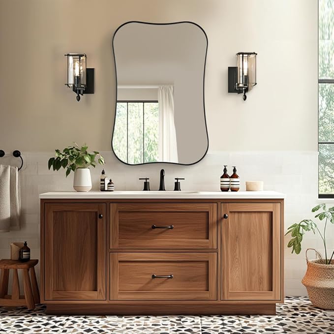 ANDY STAR 24x36 Inch Black Bathroom Mirror, Modern Scalloped Black Mirror with Unique Notched Edges Design in1 Inch Stainless Steel Frame Wall Mounted Horizontal/Vertical for Home Decor
