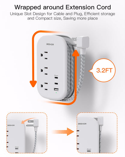 BESHON Flat Plug Power Strip, 3 Outlets with 3 USB Ports(2 USB C), Ultra Flat 3.2ft Wrapped Around Extension Cord for Cruise Ship, Travel, Dorm Room Essentials