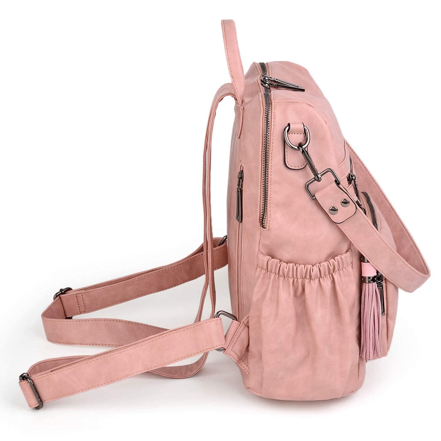 UTO Women Backpack Purse Oil Wax PU Leather Ladies Fashion Designer Rucksack Convertible Travel Shoulder Bag with Tassel Pink