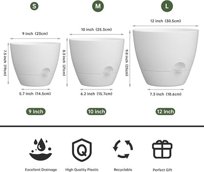 ZMTECH 9/10/12 Inch Self Watering Plant Pots with Watering Lip, Planters with Drainage Holes and Removable Saucer, Plastic Flower Pots for Indoor Outdoor Plants (3 Pack, Pure White)