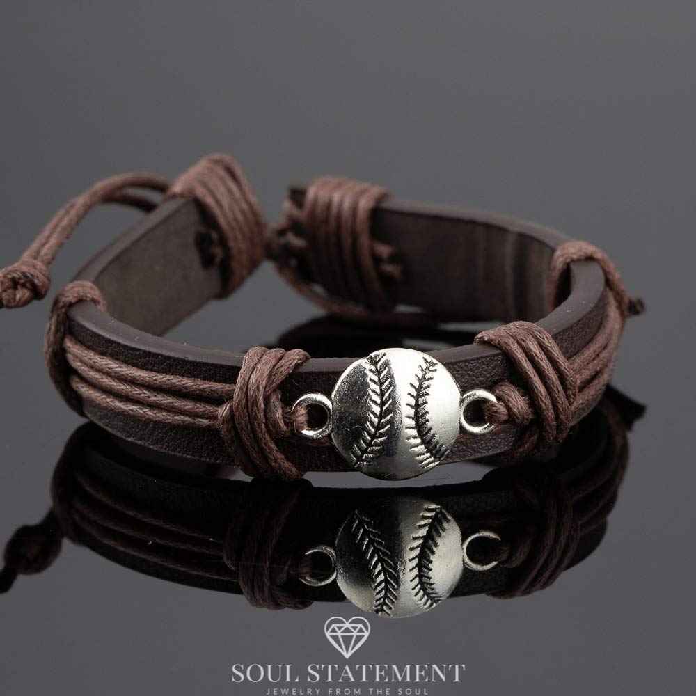 Soul Statement Genuine Leather Wrap Baseball Drip Bracelet for Teens and Men – Adjustable Cord with Stainless Steel Baseball Charm – Athletic Jewelry, Easter Basket Stuffer for Teenagers (Baseball)