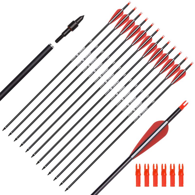 YLSIO Archery Carbon Arrow Hunting Target Practice Arrows 26 Inch with Removable Tips for Compound & Recurve Bow Spine 500 6PCS
