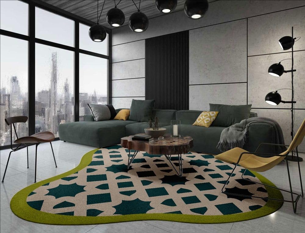 Navy Blue Beige Green Irregular Shaped Rug Modern Abstract Unique Geometric Pattern Art Deco Area Rug for Living Room Bedroom Kitchen Non Slip Stain Resistant Under Dining Table Floor Rug 3ft