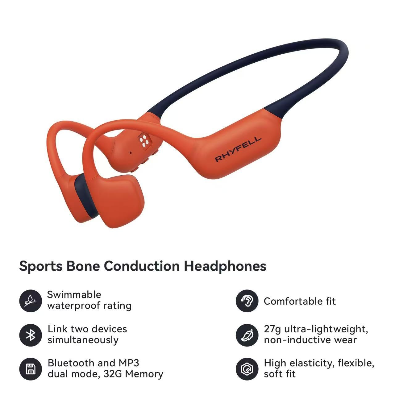 Rhyfell Bone Conduction Headphones, IP68 Waterproof Swimming Headphones with MP3 Mode 32GB Memory, Bluetooth 5.4, Open-Ear Design, Secure Fit for Running, Fitness and Cycling