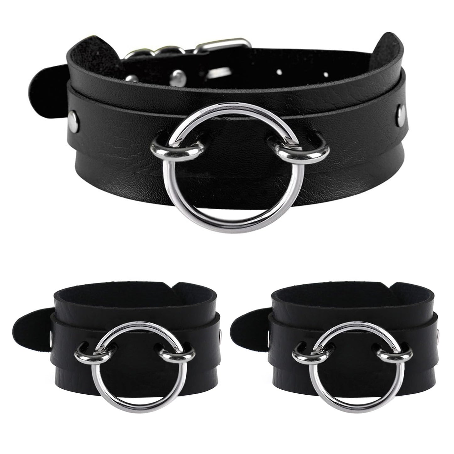 Tosmifairy Black Wide Soft Faux Leather Collar Choker Adjustable Thick PU Necklace and Bracelets Set for Women Men,Circle Ring Charm (Adjusted Neck: 17-21 Inches)