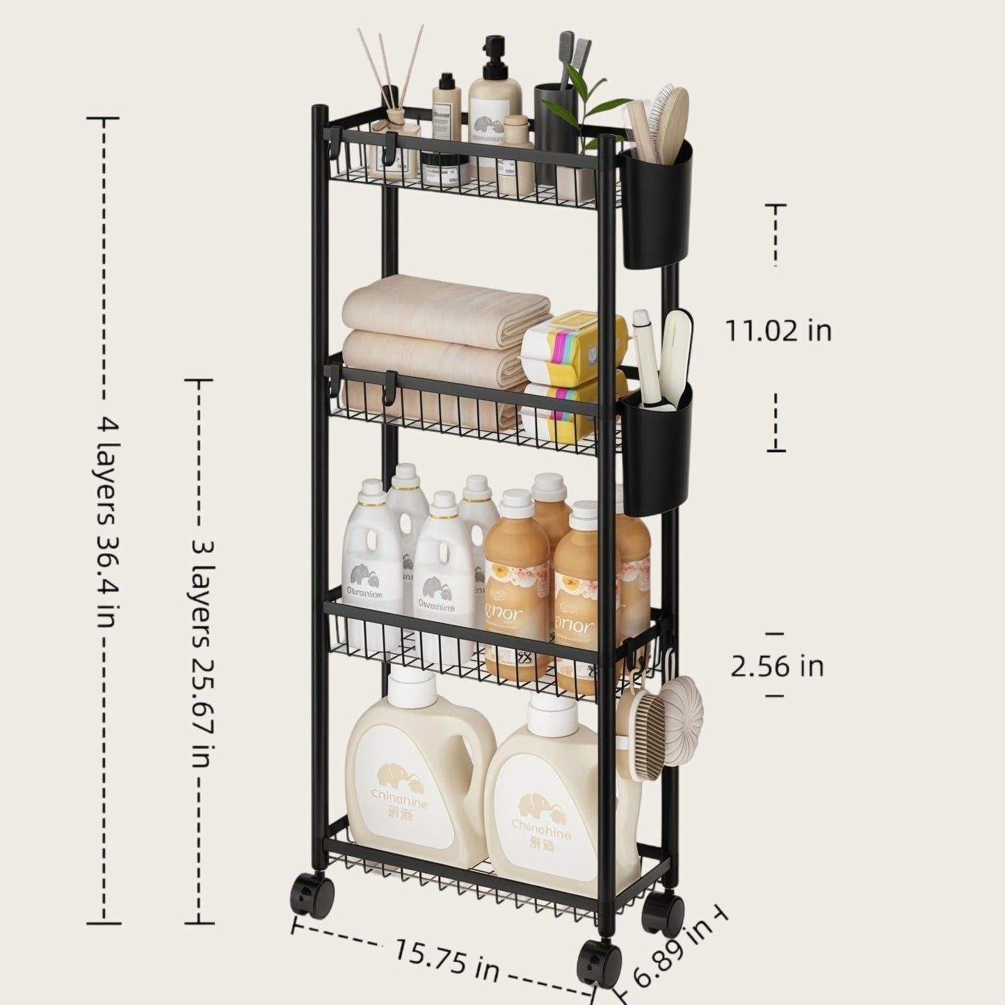 Slim Rolling Storage Cart, 4 Tier Narrow Utility Cart with Wheels, Skinny Metal Mobile Shelf Unit Organizer for Bathroom Kitchen Laundry Room Pantry Office Small Spaces, Black
