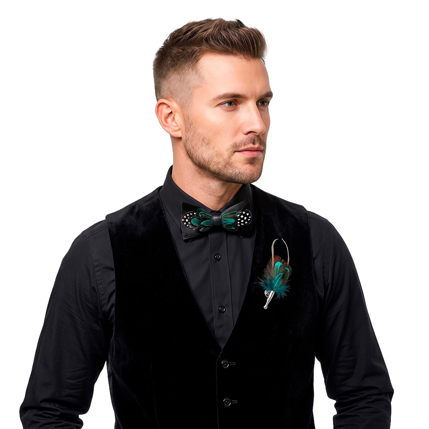 OhMill Men’s Handmade Feather Bow Tie Adjustable Leather Pre Tied Bowtie and Brooch Sets for Weddings Groom Prom Parties