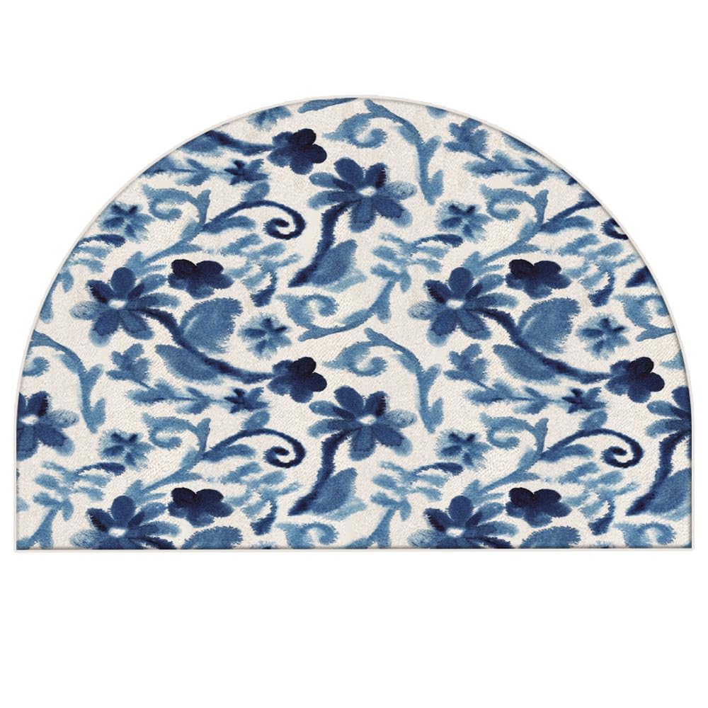 Mrcrypos Half Round Rugs Blue Small Flower Branches Non-Slip Semi Circle Area Rug Blue Flower Semi Circle Rug for Bedroom Bathroom Balcony Laundry Garage Holiday Decorative 24 X 36 Inch