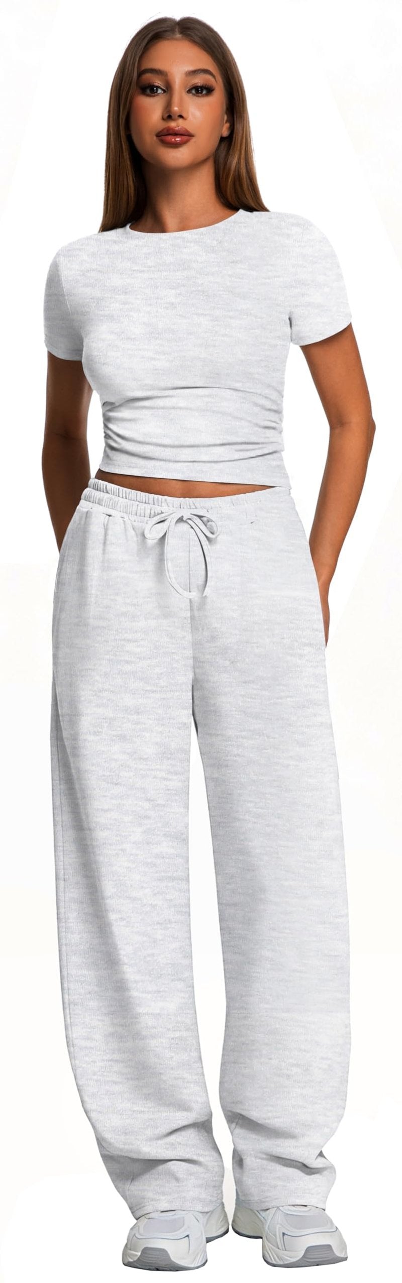 Kivdol 2 Piece Matching Summer Sweatsuit Lounge Set Womens Wide Leg Pants Side Ruching Crop Top Sets