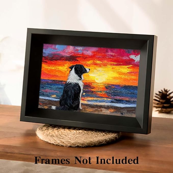 Yesad Dog Wall Art, Border Collie Painting Sunset Beach Canvas Print Impressionist Artwork Colorful Poster Pictures Gift for Dog Lover Wall Décor for Living Room Bedroom (Unframed,24”x16”, Dog1)