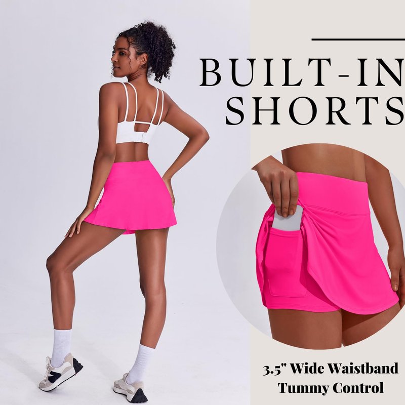 PINSPARK Tennis Skirts for Women Golf Skirt with Pockets High Waisted Running Casual Athletic Skorts Built-in Shorts,Hot Pink X-Large