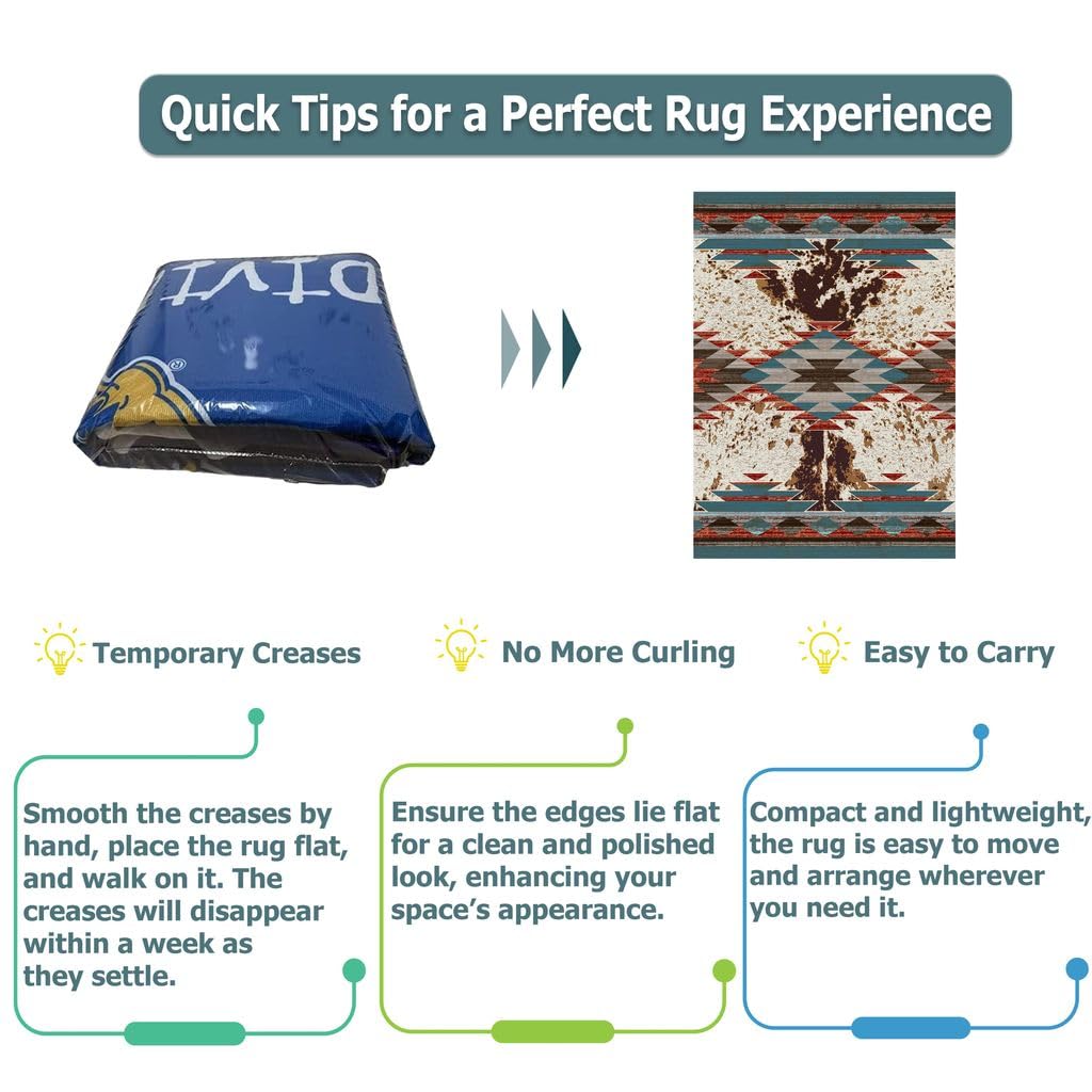 DECORAISES Combo Rustic Western 3x5 ft Area Rug, 4 Pcs Non-Slip Rug Tape, Southwestern Style, Polyester, Rectangular, Indoor, 8cm Thick, Machine-Woven, Spot Clean Only
