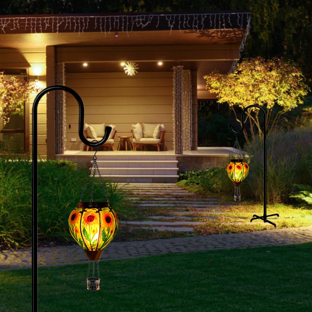 Starsoul Sunflower Hot Air Balloon Solar Lantern Glass Outdoor Hot Air Balloon Solar Flickering Flame Light Hanging Solar Lanterns Outdoor Waterproof Garden Patio Yard Party Decor