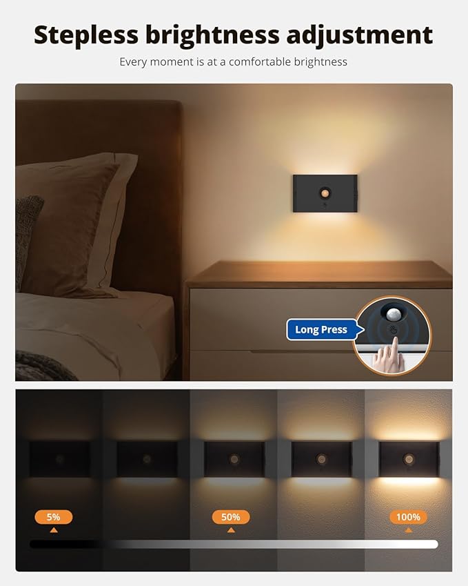 wowatt 6 Packs Rechargeable Motion Sensor Stair Light Black (Magnetic Mounting Design)(Sensor Modes Available)(Lighting Dimmable) Battery Night Lights for Stairway, Hallway, Bathroom
