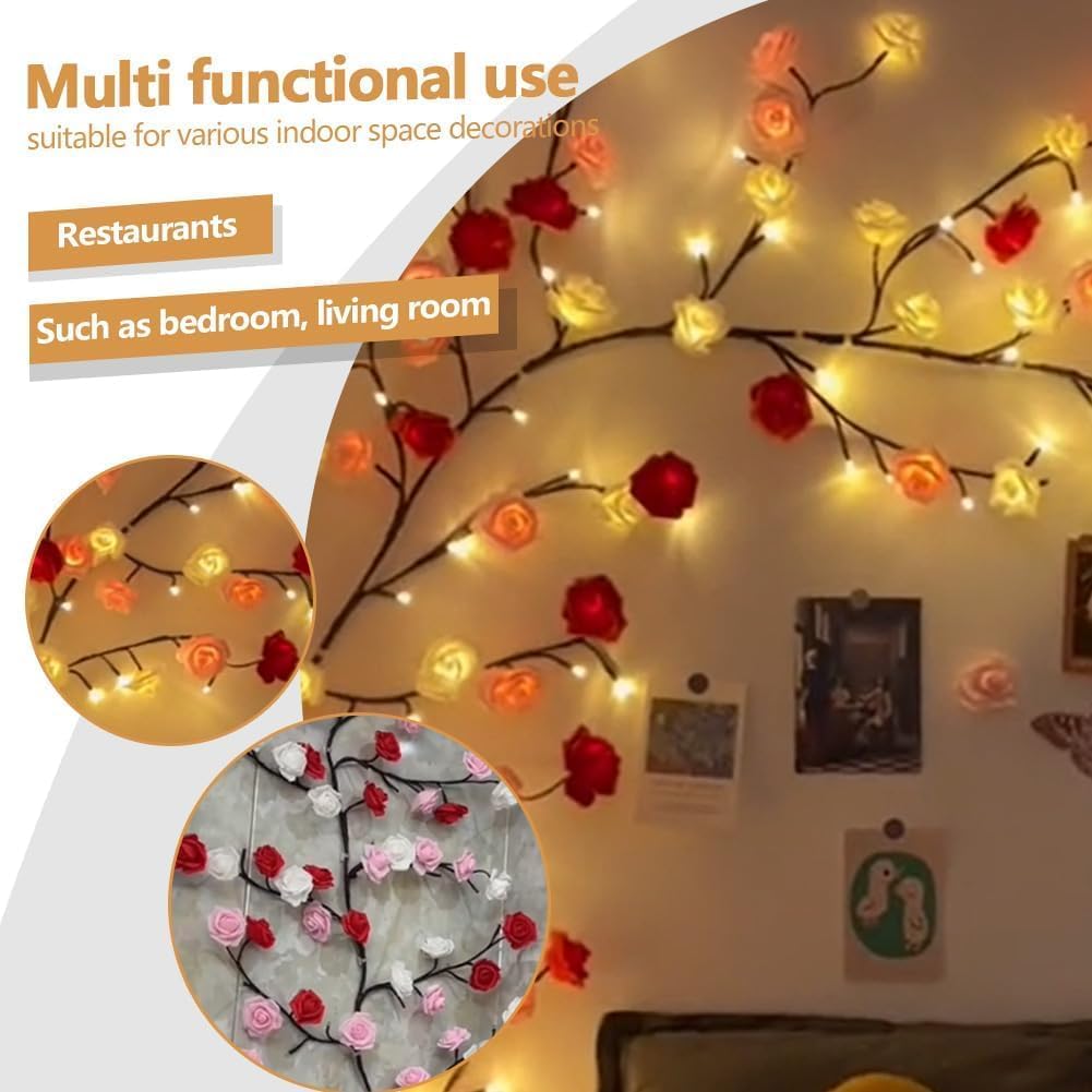 BomKra Rose LED Tree Branch Lights for Wall,Rose Blossom Willow Vine Branch Room Decor Gift,Flexible DIY Design,with 144 LED Lights and Remote,8 Lighting Modes,for Bedroom and Wall Decor (90inch)