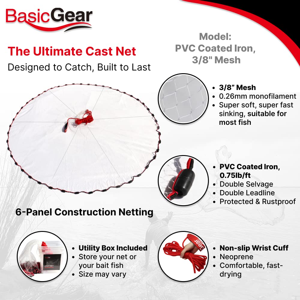 BasicGear Cast Net | Zinc Iron, 8ft Radius, 1/4 inch Mesh for Freshwater and Saltwater Bait Fish | Professional Grade and Upgraded Material | Throw Style