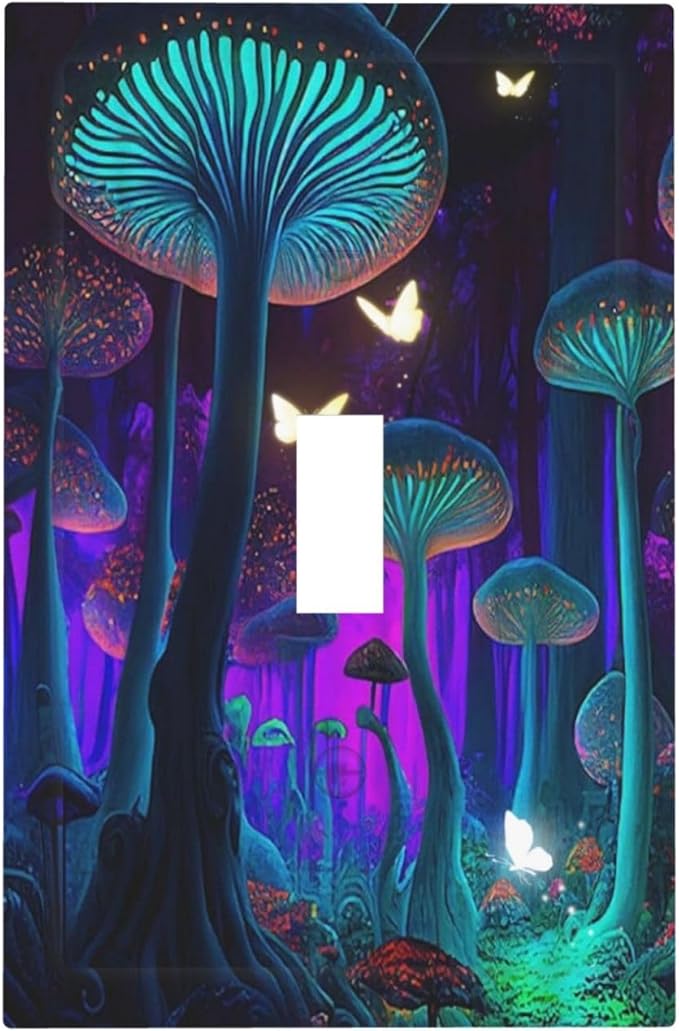 Fantasy Mushroom Forest Glowing Butterfly Single Toggle Light Switch Plates Cover Decorative 1 Gang Wall Plate Electrica Faceplate for Bathroom Bedroom Decorate Accessories