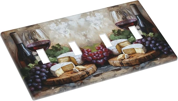 Decorative Art Light Switch Covers Wineglass & Artisanal Cheeses Quad Toggle 4 Gang Wall Plate Switch plate Electrical Faceplate for Home Decor