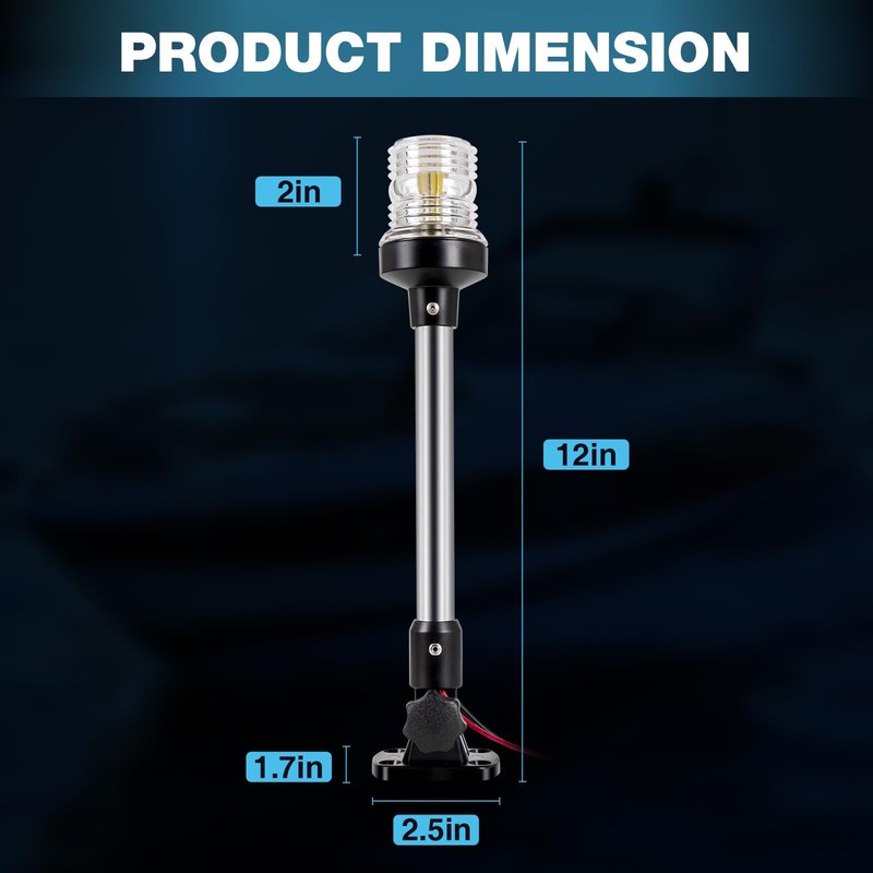 SETYPARY 12 Inches Anchor Light Boat Stern Light Waterproof IP67, White Fold Down Marine Navigation Lights for Boats LED for Pontoon, Jon Boat and Bass Boats (12-24V)