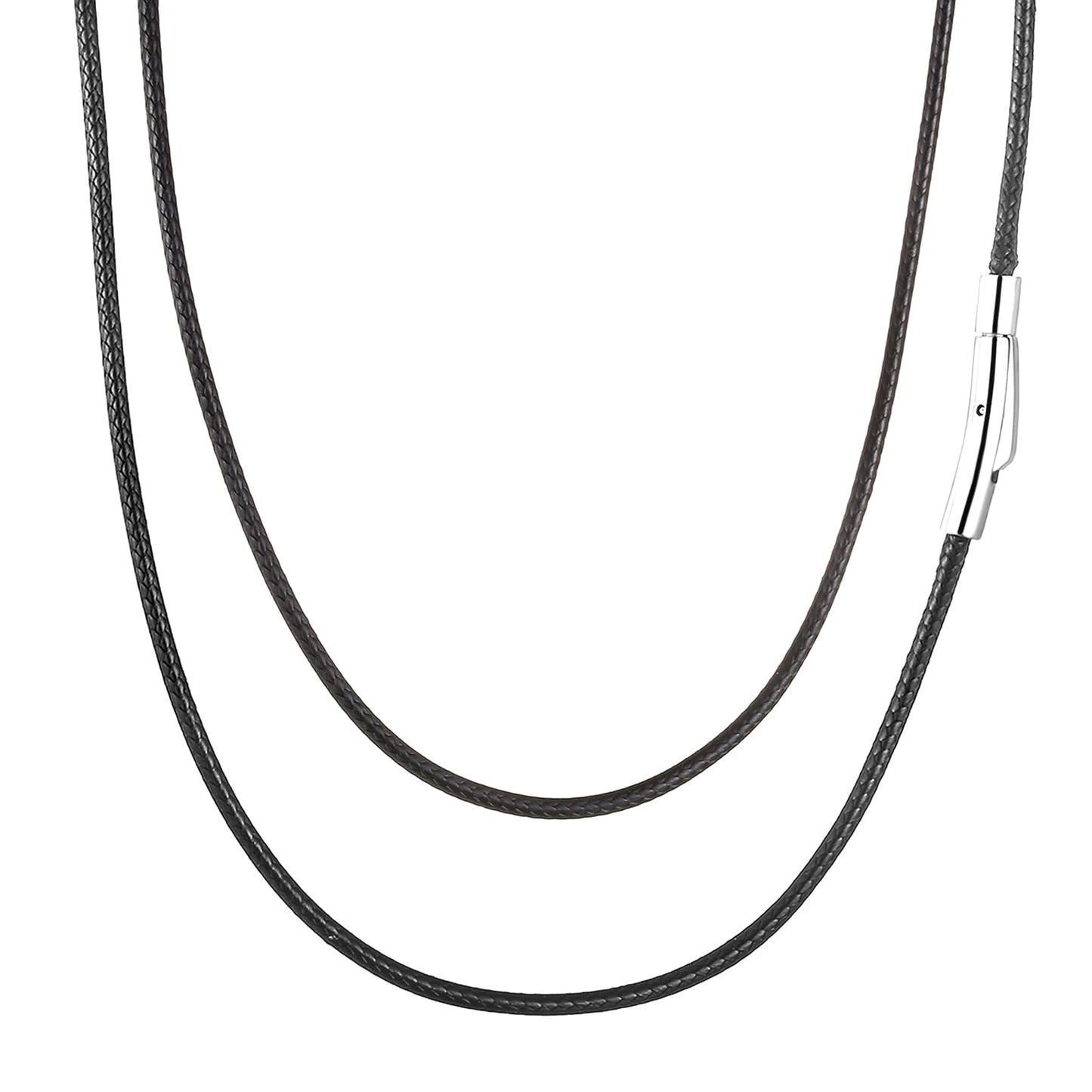 SKQIR 2mm Black Waterproof Braided Leather Cord Necklace with Durable Stainless Steel Snap Clasp Men Women Woven Wax String Rope Chain for DIY Pendant Length 26"