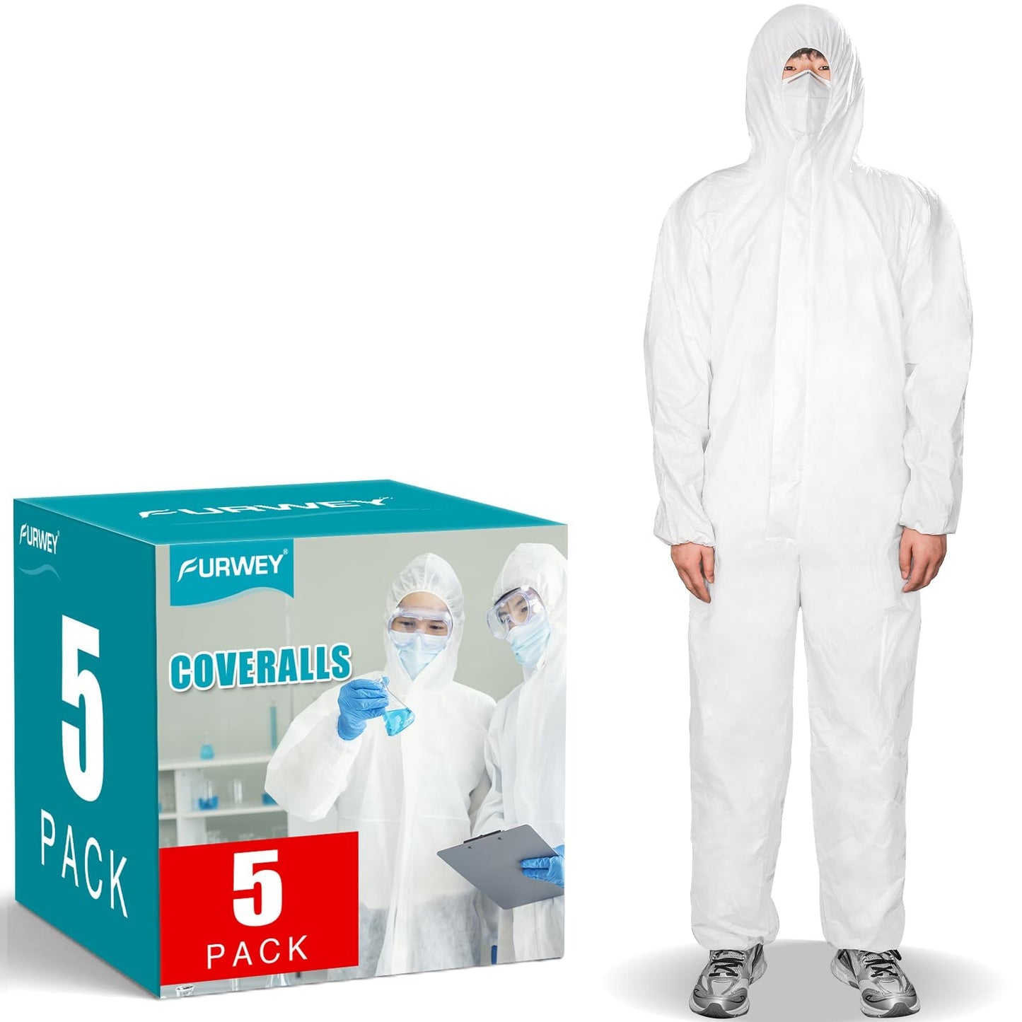 FURWEY Hazmat Suits 5 Pack Disposable Protective Coveralls, Heavy Duty Full Body Painters Suit for Men & Women with Elastic Wrists, Ankles and Hood, Available in 5 sizes-Large