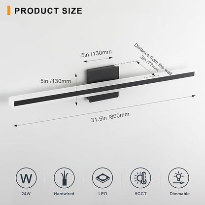 31.5 Inch 5 Color Adjustable Vanity Lights Over Mirror Vanity Lighting Fixtures for Bath Matt Black Bathroom Light Fixtures Over Mirror Black Led Modern Light Bar 5CCT