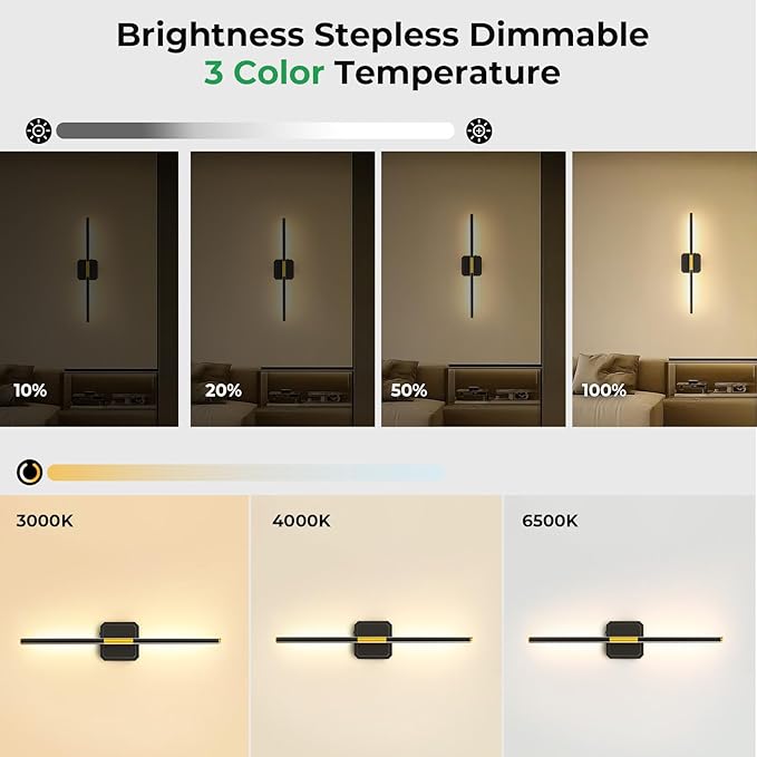 10000mAh Detachable Battery Operated Wall Sconce Set of 2, Wireless Wall Lamp 360°Rotate, 3000-6500K Dimmable, Rechargeable Modern Wall Light for Bedroom, Living Room，28.3" Black Gold