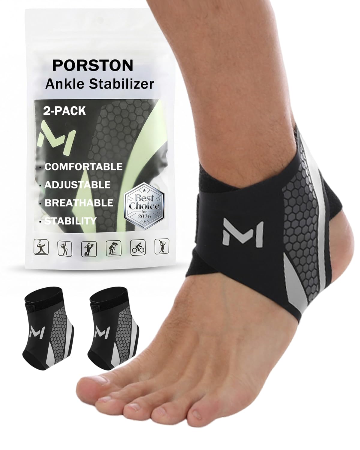 Porston 2-Pack Ankle Brace for Men & Women,Adjustable Lace up Ankles Sock,Basketball Ankle Stabilizer with Straps,Orthopedic Compression Sleeve for Plantar Fasciitis Relief,Tendonitis,Sprained (Gray)