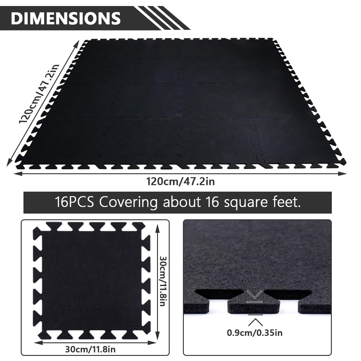 16 Pcs Black Thick Sound Absorbing Interlocking Floor Mats, Drum Rug