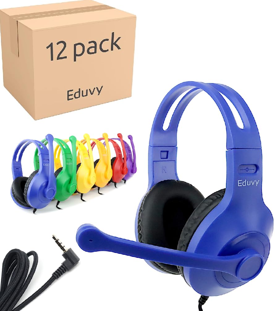 Eduvy Bulk Headphones for Classroom with Microphone, Heavy-Duty School Pack Wired Headphones for Students with Rotating Boom Mic. Teacher Must Haves from Elementary to College (12 Pack Mixed Color)