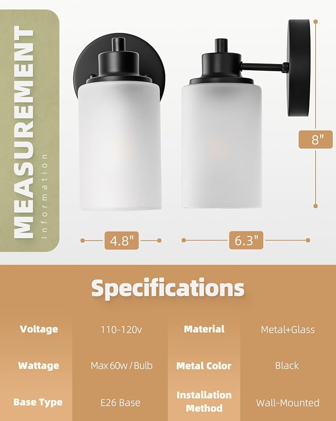 3 Pack Black Farmhouse Wall Sconces Light, Indoor Bath Vanity Light Fixtures with White Frosted Glass Shade, Modern Bathroom Wall Mounted Lights E26 Base Lamp for Bedroom, Porch, Kitchen