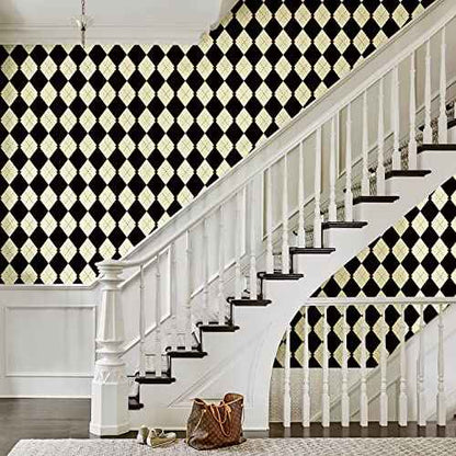 Simon&Siff Retro Checkered Peel and Stick Wallpaper Black and White Wallpaper 17.3"x480" Vintage Plaid British Geometric Wall Paper for Bathroom Kitchen Cabinet Contact Paper