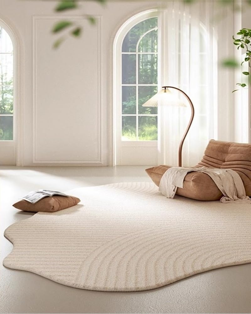 Minimalist Luxury Irregular Shaped Area Rug Cream White Curved Striped Texture Indoor Rugs 5x7 for Livingroom Bedroom Diningroom Nursery Dorm Guestroom Modern Neutral Washable Non Slip Soft Carpet