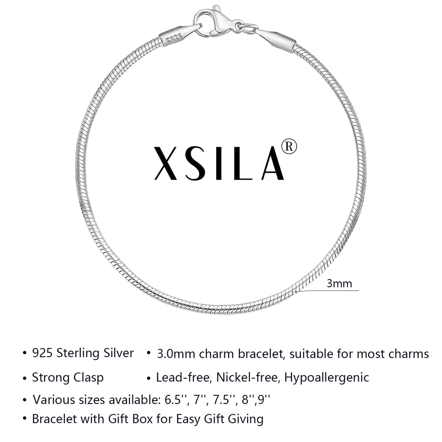 XSILA Charm Bracelet for Women 925 Sterling Silver Charm Snake Chain Bracelets Jewelry (Silver 7.5 inch)