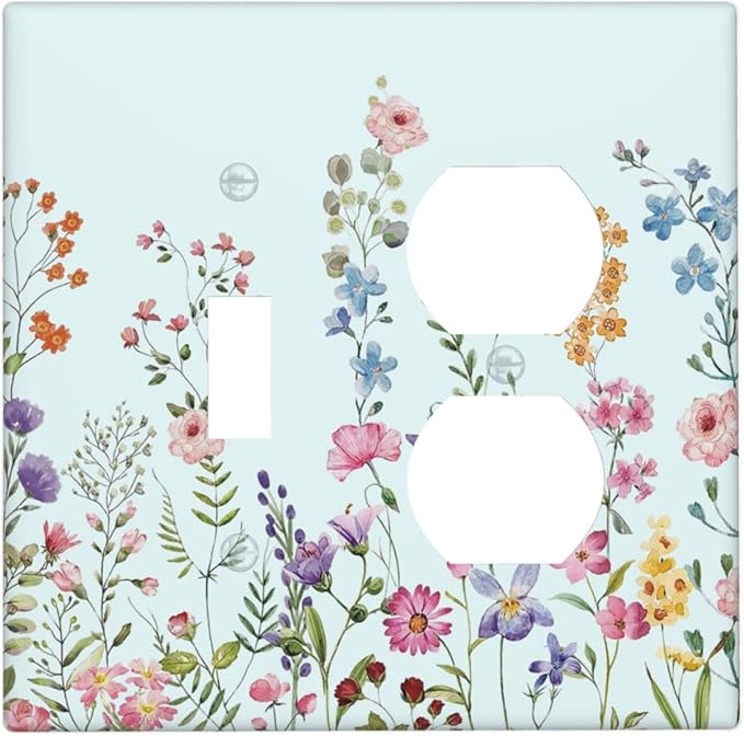 Decorative Light Switch Cover Plate Rustic Wild Floral Vintage Blue Watercolor Flower 2 Gang Outlet Covers 1 Toggle 1 Duplex Wall Plate Decorate Electrical Switch Plate Covers for Bathroom Home Decor